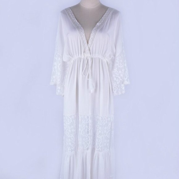 New Boho White Lace Maxi Beach Dress Cover-Up - Picture 5 of 8